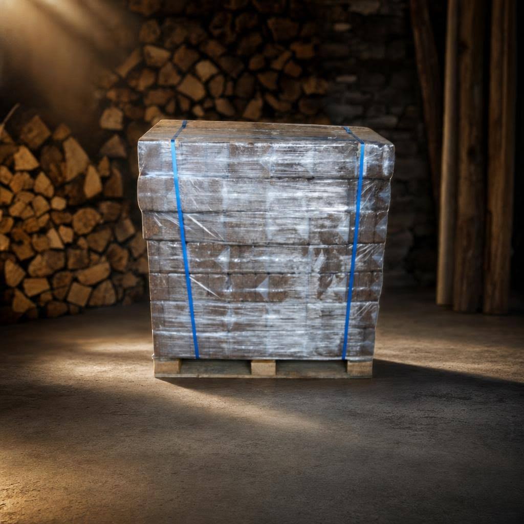 Palete de 1008 kg de Briquetes de Casca de Madeira Prensada para Queima Noturna | GUIMADEIRAS